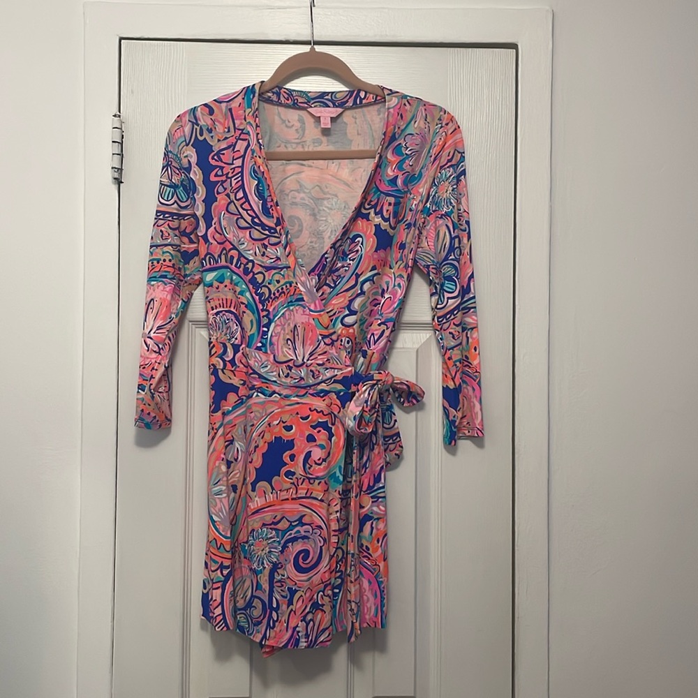EUC Lilly Pulitzer Karlie Wrap Romper Blue Current Drop Me a Lime